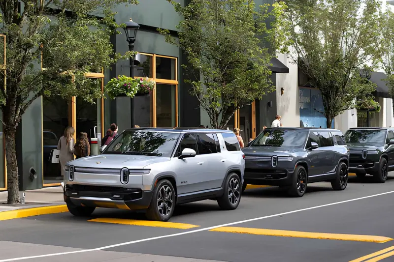 Rivian R1S SUV demo fleet showing the electric platform that shares steering architecture with the R1T
