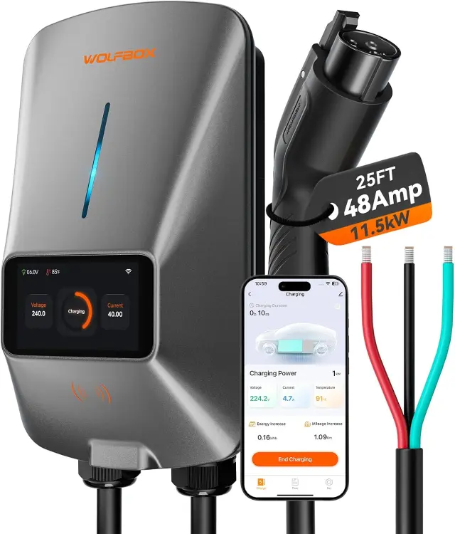 WOLFBOX 48A Level 2 EV charger hardwired with smart display and RFID card access