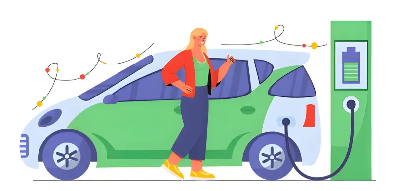 Woman standing next to an electric car weighing the pros and cons of EV ownership