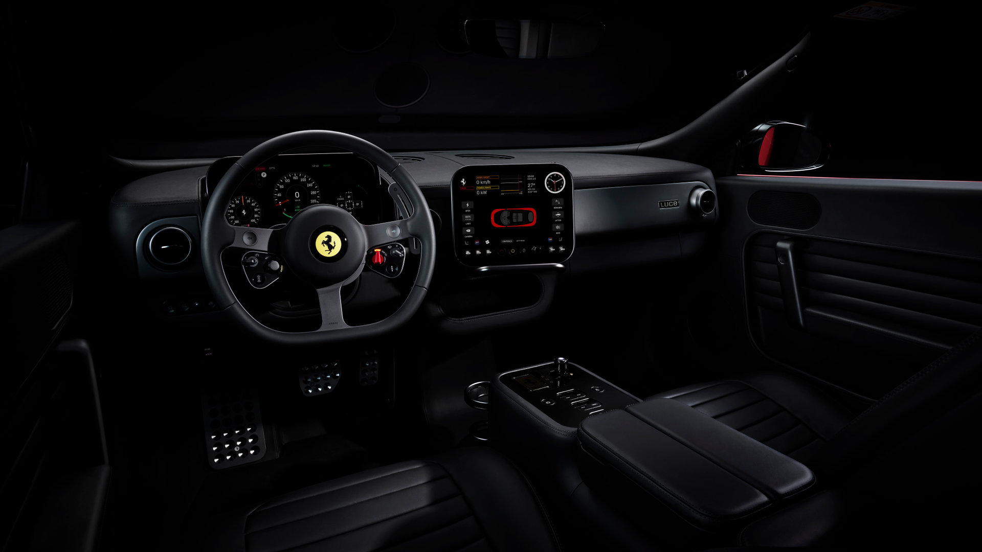 Ferrari Luce front exterior showing two-piece body design with aerodynamic wing element