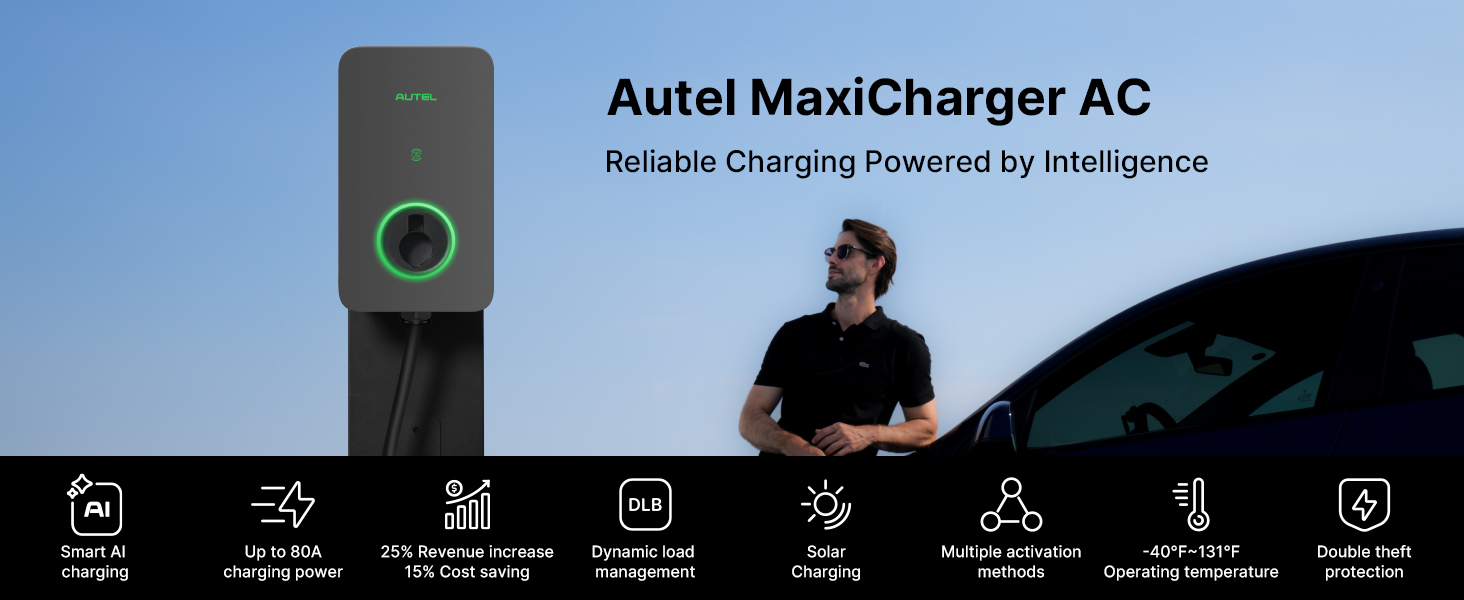 Autel MaxiCharger Level 2, the best home EV charger for 80-amp output, front view in dark gray