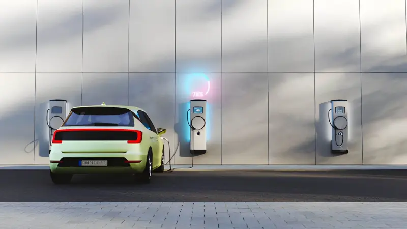 Side-by-side comparison showing home EV charger in a garage vs public DC fast charging station — the cost difference that determines electric car total cost of ownership calculator results
