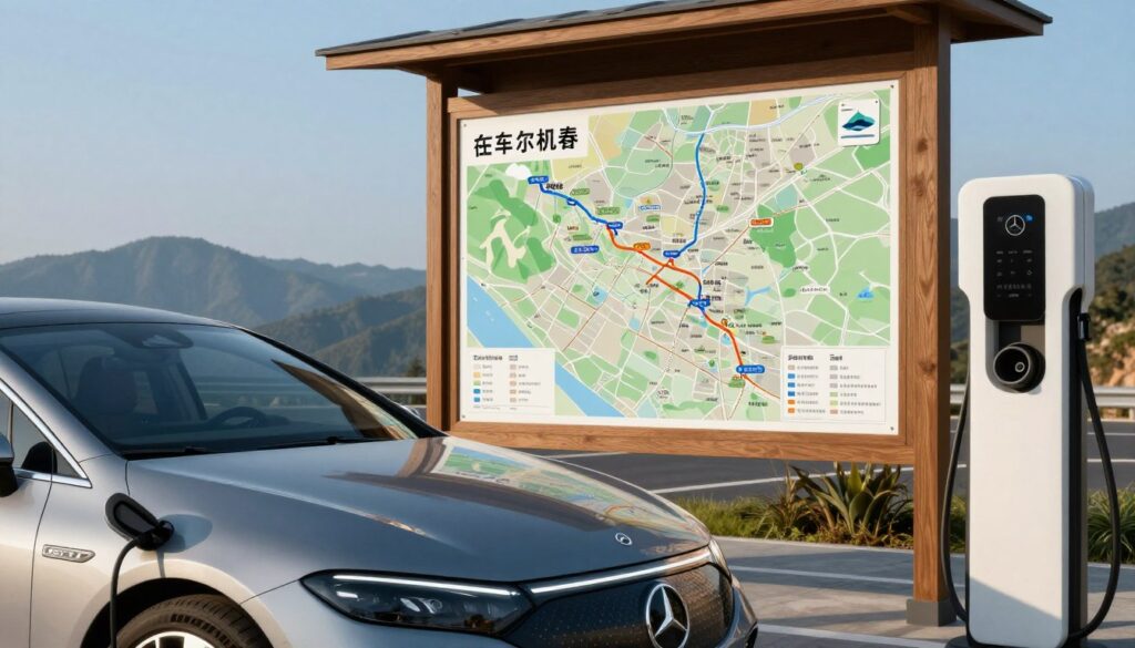 Electric sedan charging beside a road trip route map Electric sedan charging beside a road trip route map