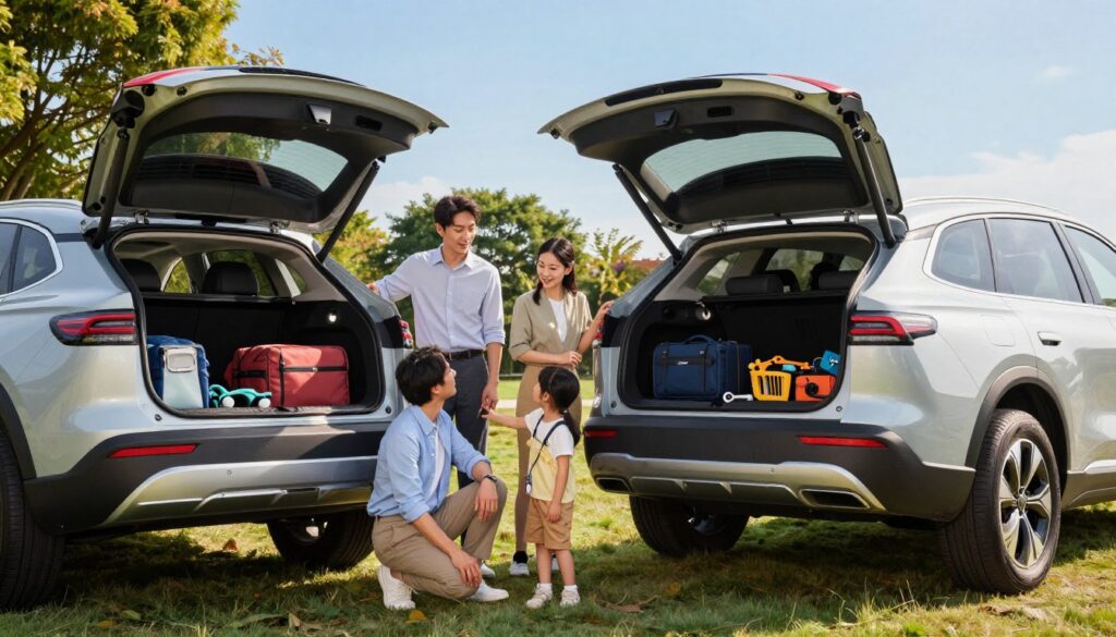 Family compares electric crossover cargo space with truck bed Family compares electric crossover cargo space with truck bed